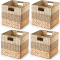 LIHONG Natural Wicker Storage Cubes, 12x12 Storage Cube Bins, Set of 4 Heavy Duty Hyacinth Baskets for Shelf, Foldable Square Baskets for Kallax, Large Cubby Rattan Basket, Kallax Inserts