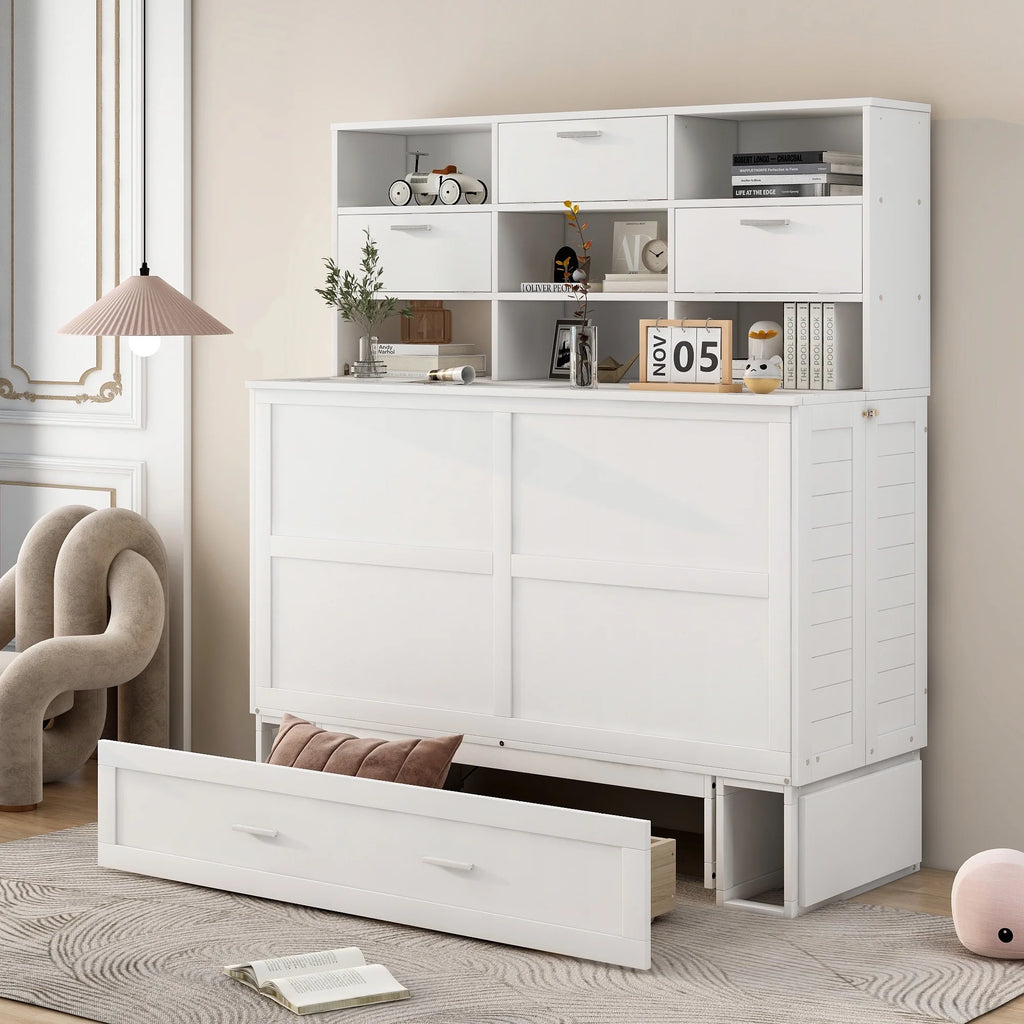Queen Murphy Bed with Bookcase and Drawer White k7m