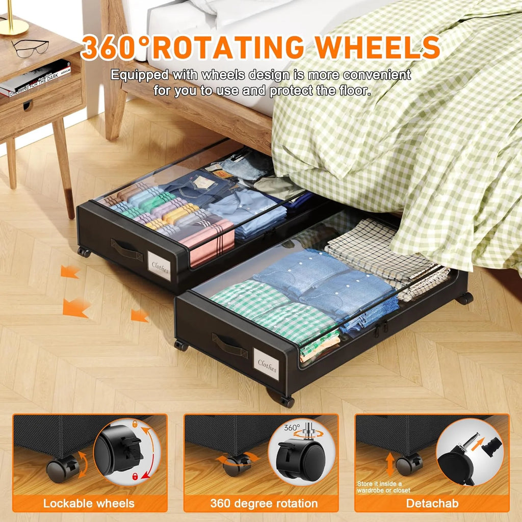 Under Bed Storage with Wheels, 2-Pack Clear Lid Bins, 60L Rolling Organizer a7