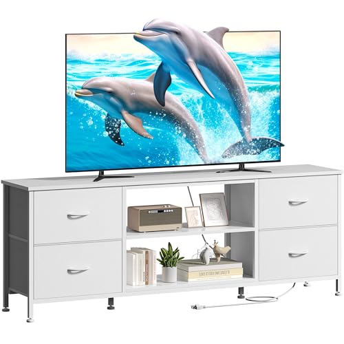 TV Stand with 4 Fabric Drawers for 50 Inch TV, Power Outlet, Black Wood Veins k7