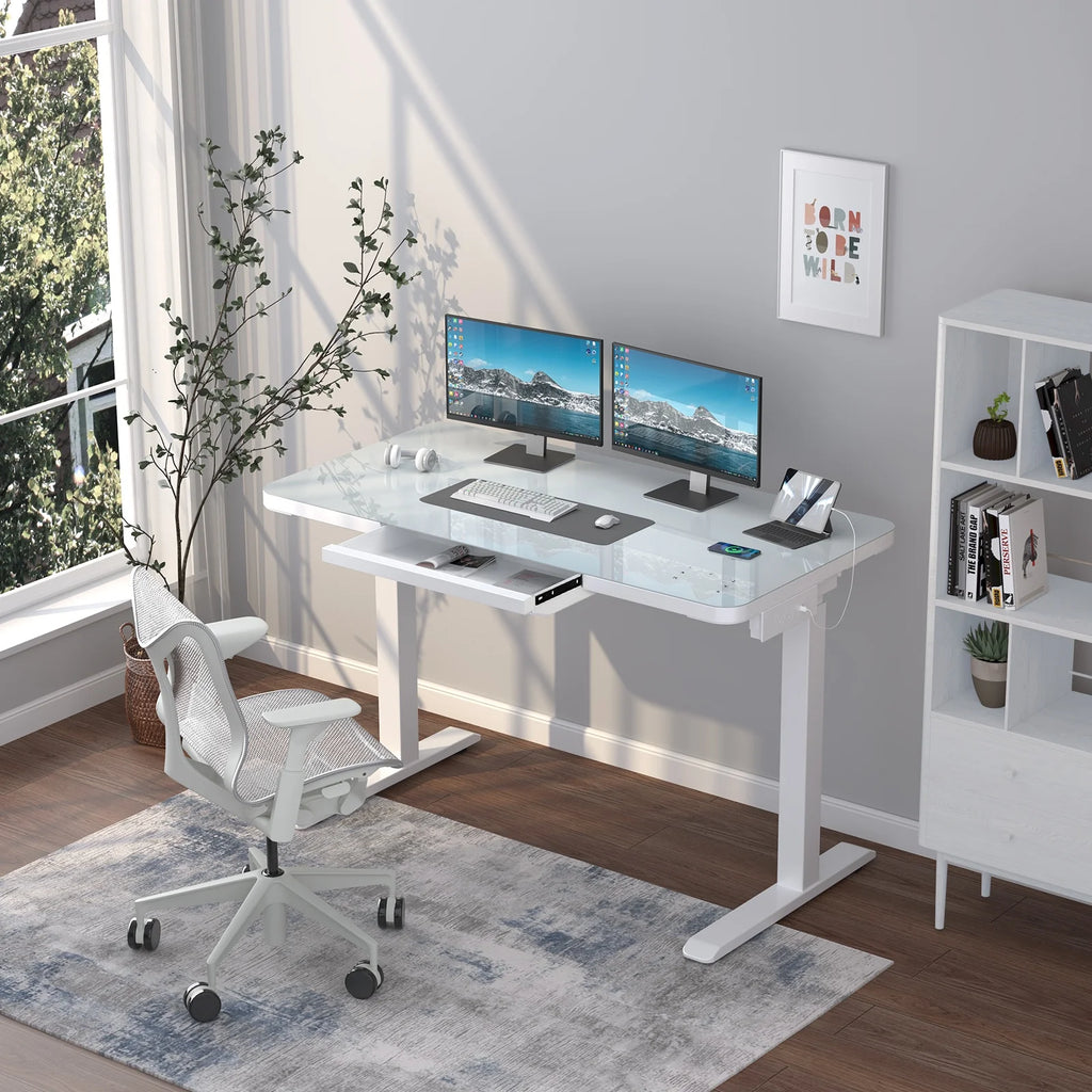 Electric Glass Standing Desk with Drawers, Dual Motor Height Adjustable, White k7p