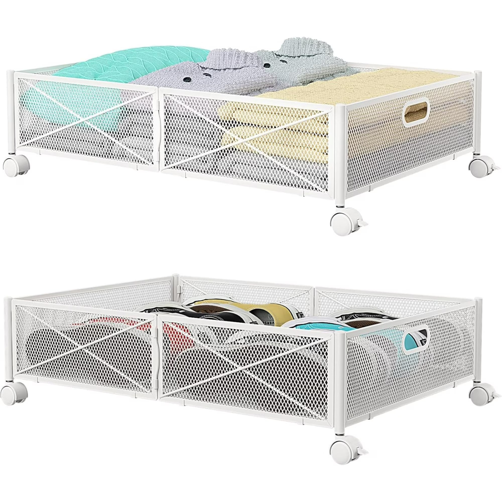 Under Bed Storage Containers with Wheels, Under Bed Shoe Storage Organizer Drawer, Tool-free Assembly Metal Storage Containers for Bedroom Clothes Shoes Blankets -2PCK