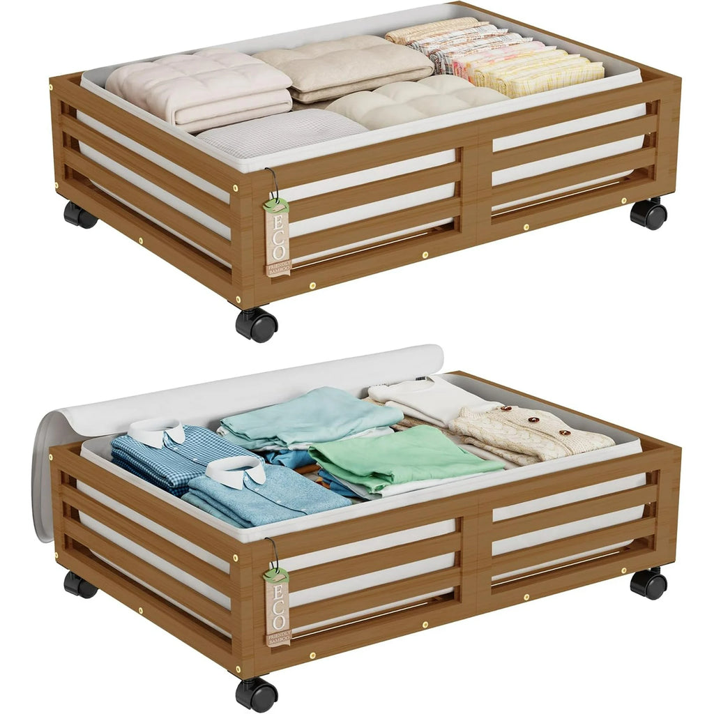 Bamboo Under Bed Storage Containers with Wheels and Dust Bag 2 Pack k7