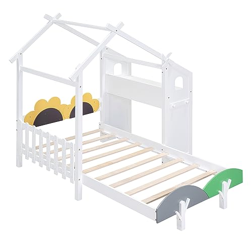 House-Shaped Twin Platform Bed with Windmill Decor Solid Wood Kids Bed with Desk a7