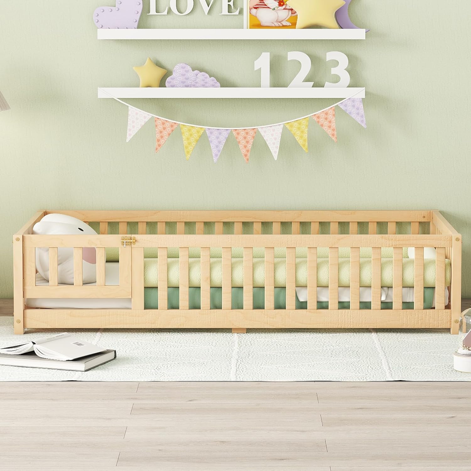 Twin Size Montessori Floor Bed with Door and Fence for Kids a7k