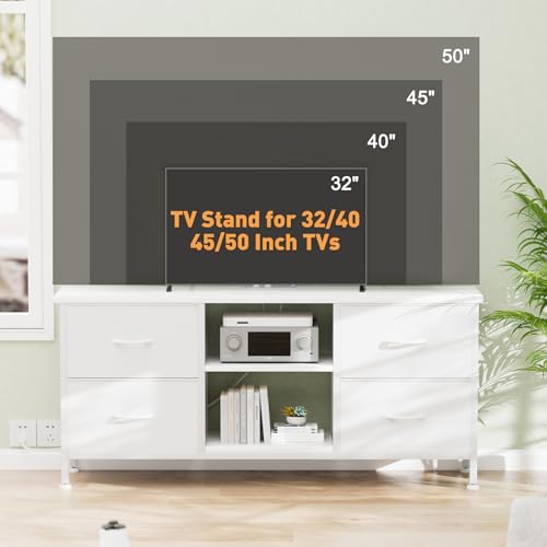 TV Stand with 4 Fabric Drawers for 50 Inch TV, Power Outlet, Black Wood Veins k7
