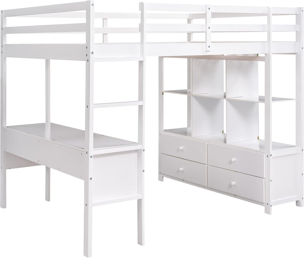 Full Size Loft Bed with Built-in Desk and Storage Shelves White k7
