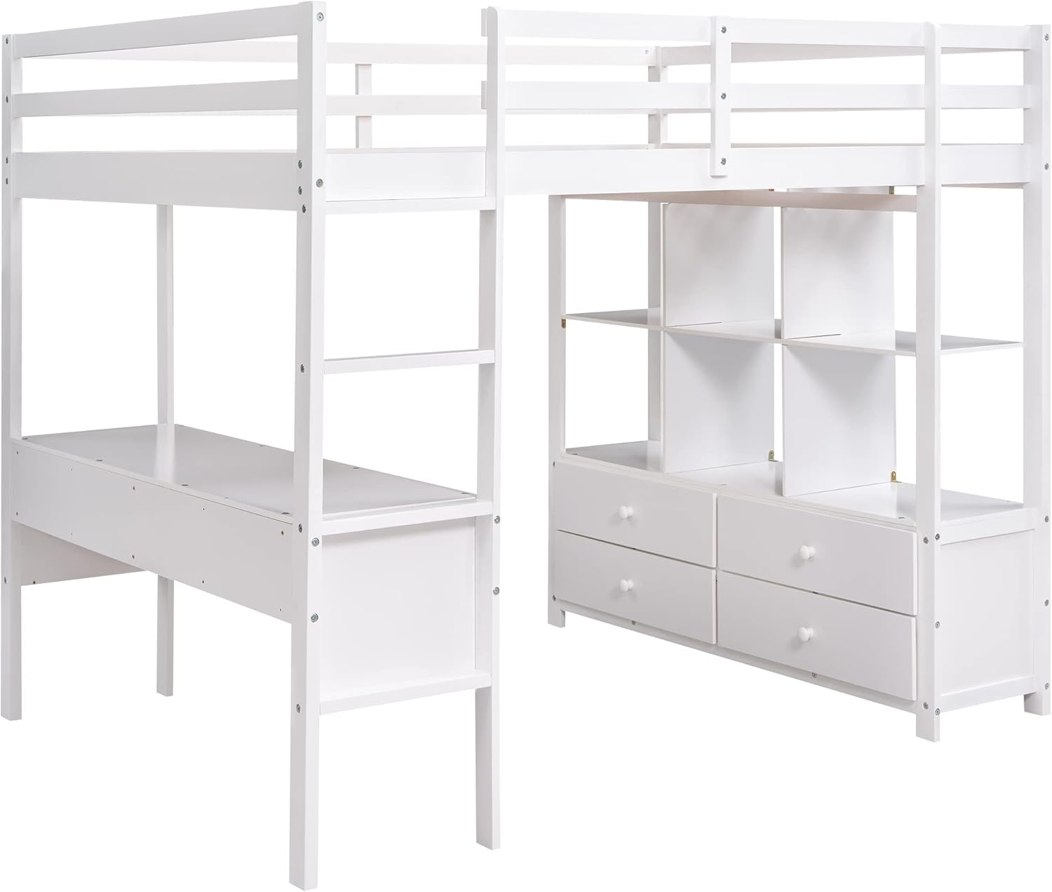 Full Size Loft Bed with Built-in Desk and Storage Shelves White k7