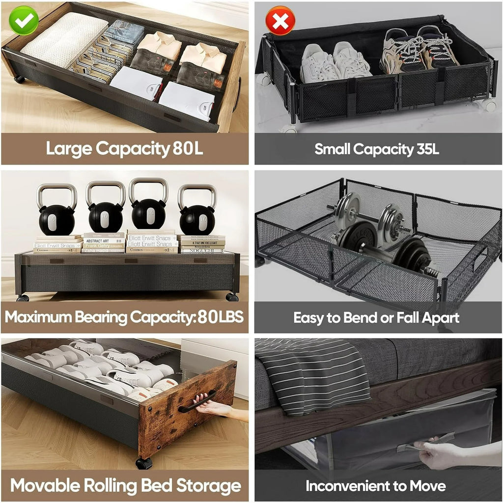 Under Bed Storage with Wheels 2 Pack Rolling Drawer for Clothes a7