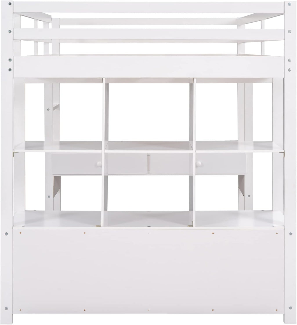 Full Size Loft Bed with Built-in Desk and Storage Shelves White k7