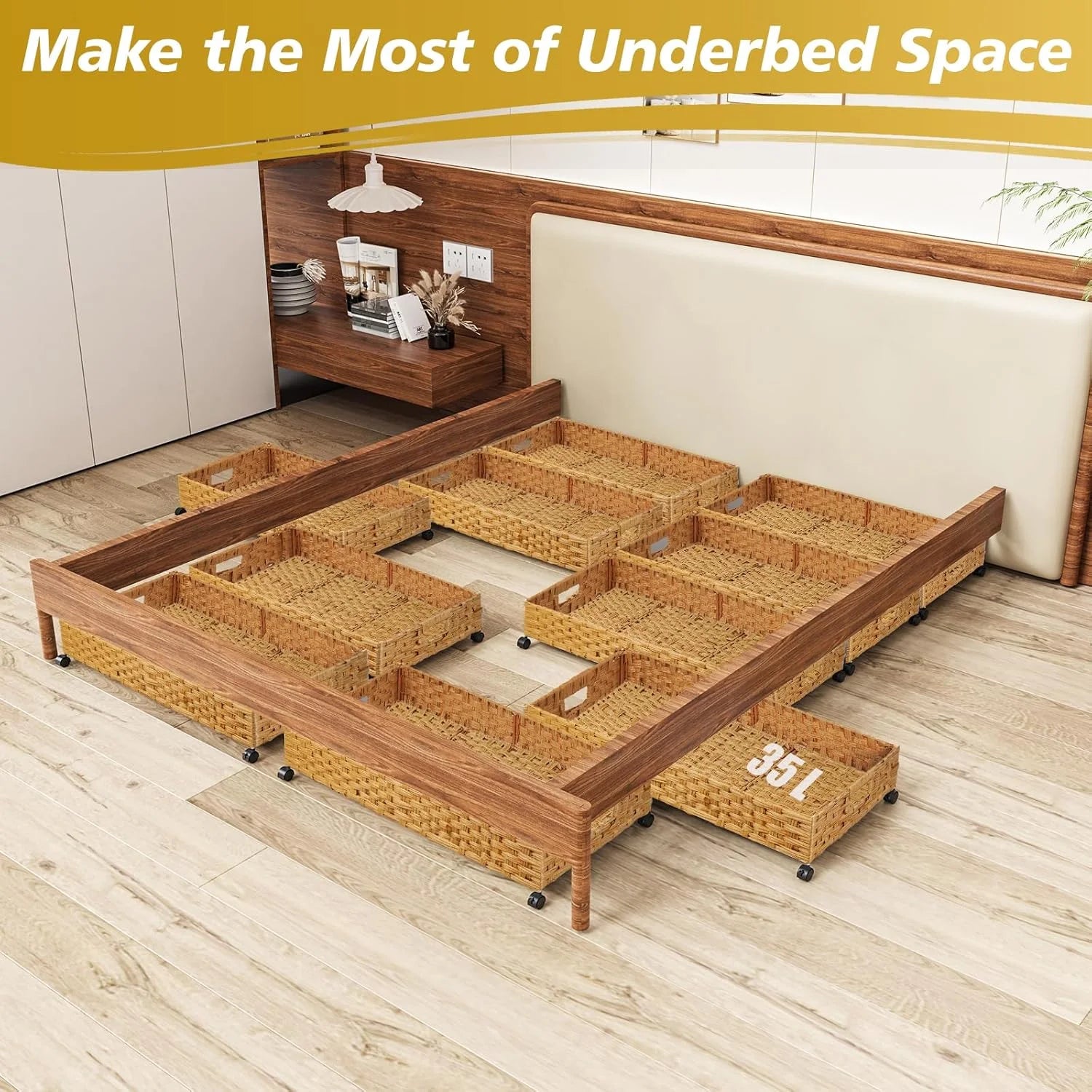 Under Bed Storage Containers with Wheels, 2 Pack 31.5in Rattan Organizer Drawer a7