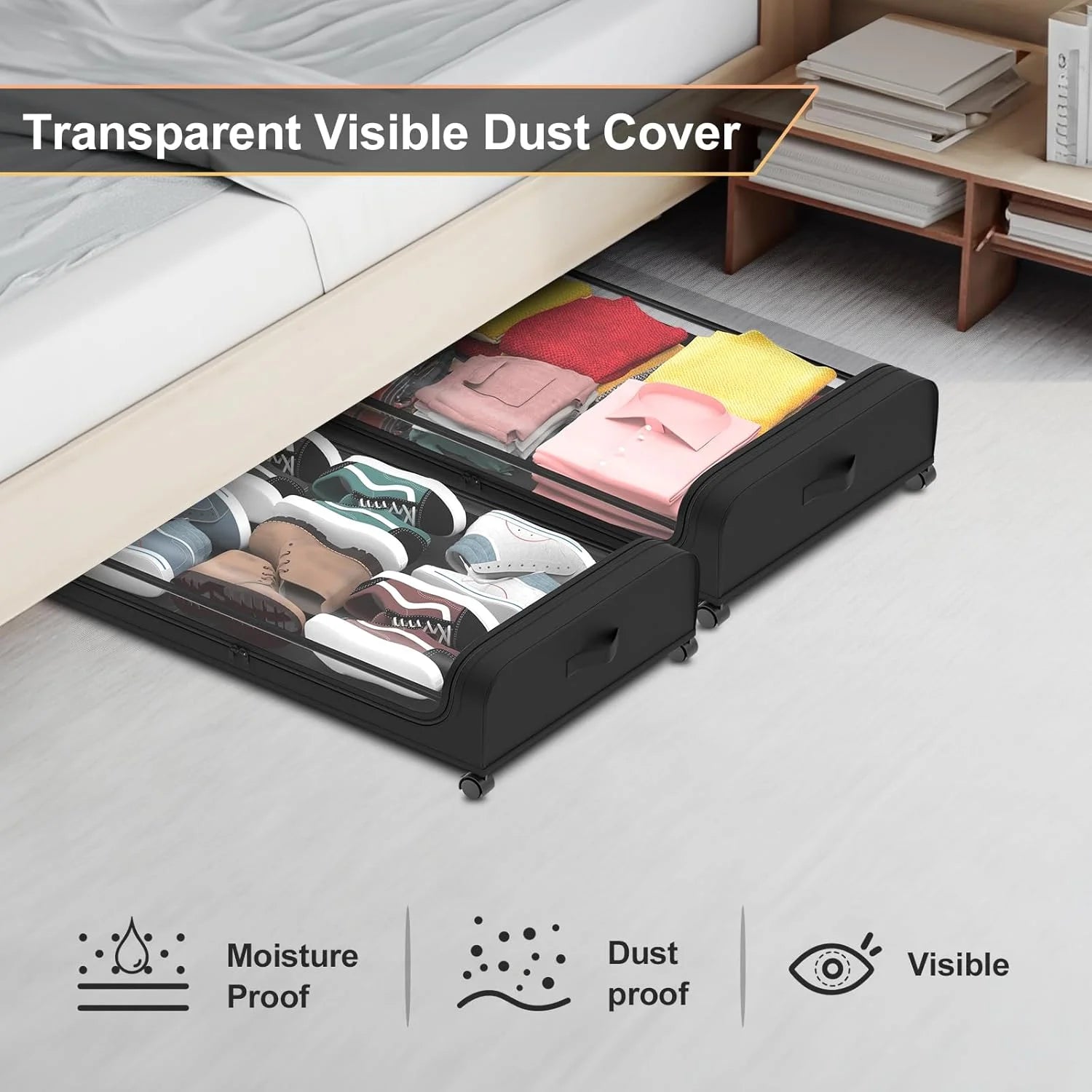 Under Bed Storage with Wheels 2 Pack, Large Rolling Containers with Lid, Black a7