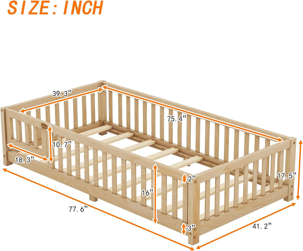 Twin Size Montessori Floor Bed with Door and Fence for Kids a7k