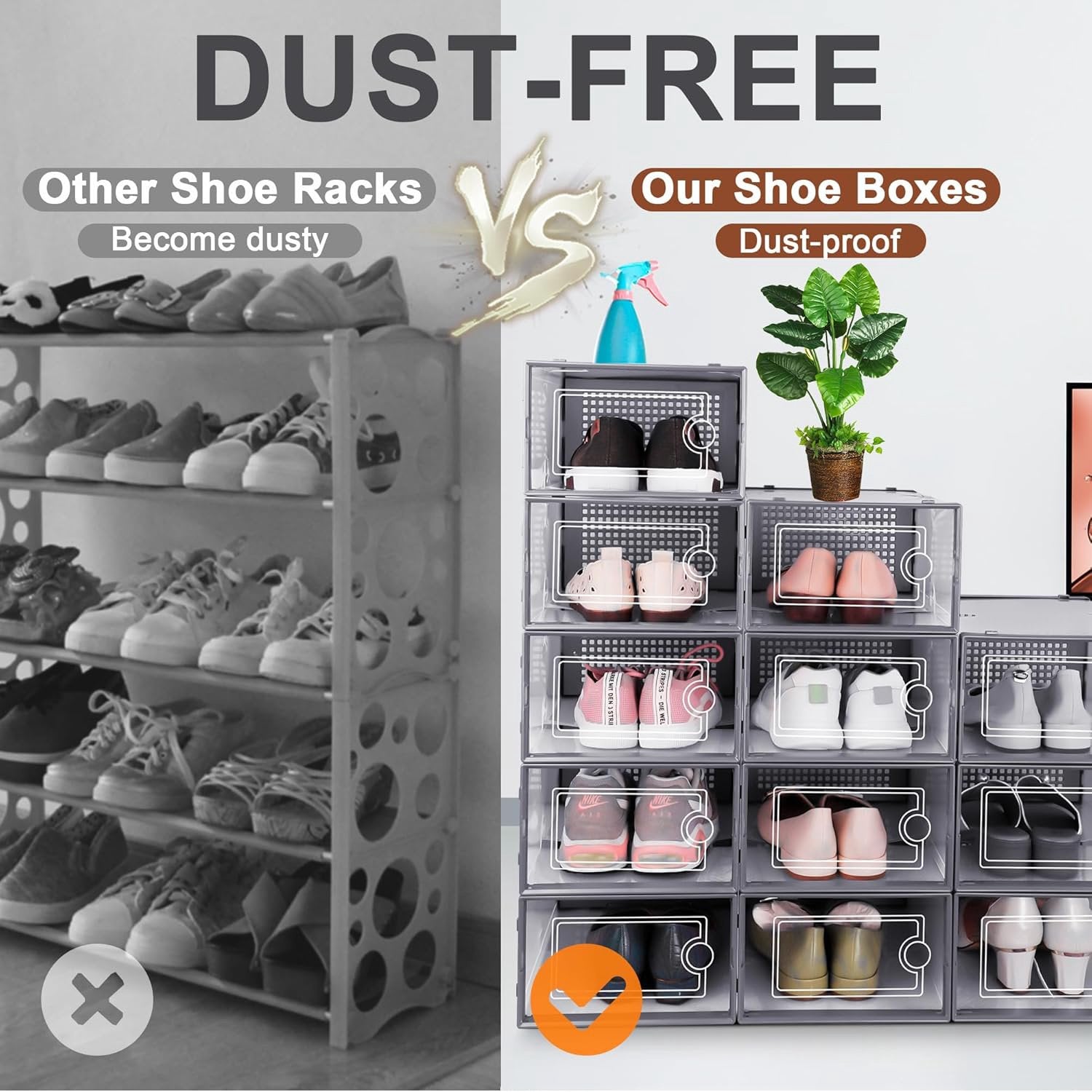 Clear Plastic Stackable Shoe Storage Bins with Lids, 12 Pack, Dark Gray k7