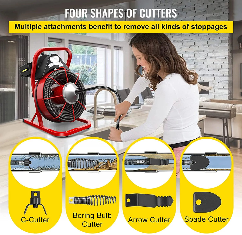 Drain Cleaner Machine 75ft x 1/2 in, 370W Drain Auger for 1" to 4" Pipes a7