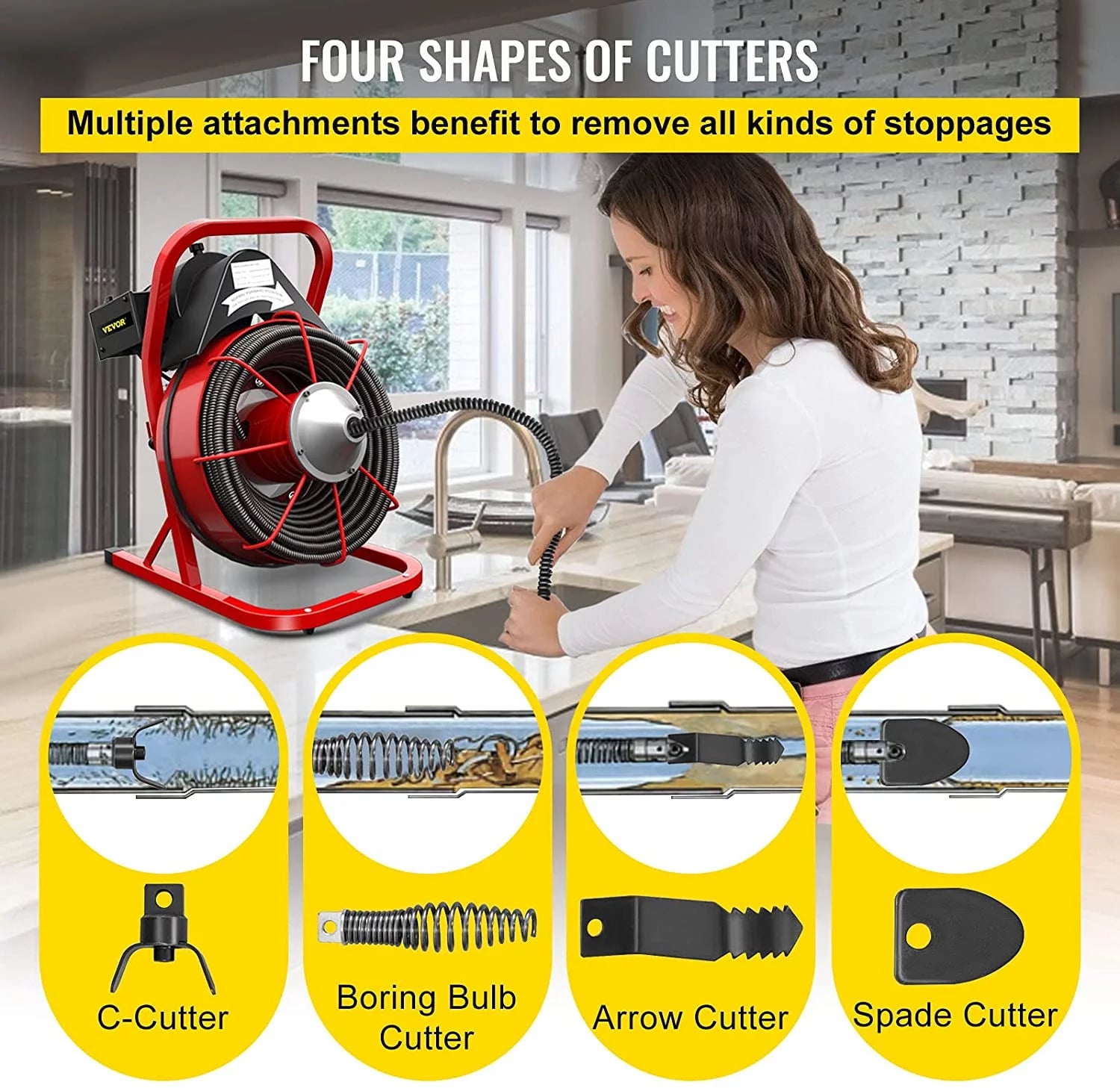 Drain Cleaner Machine 75ft x 1/2 in, 370W Drain Auger for 1" to 4" Pipes a7