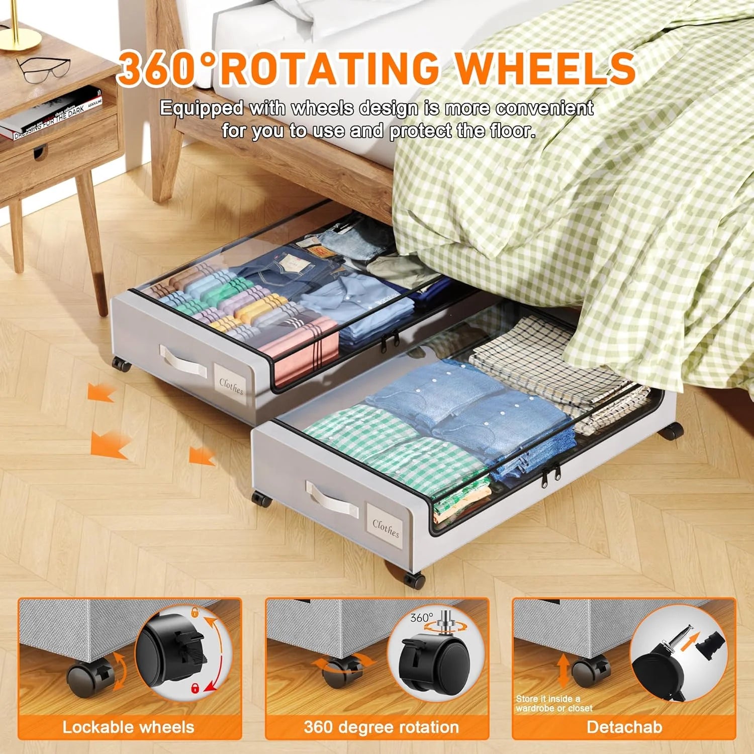Under Bed Storage Containers with Wheels and Clear Lids, 60L, Gray q7