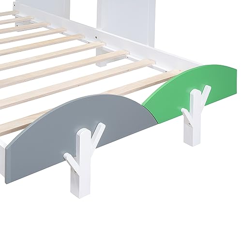 House-Shaped Twin Platform Bed with Windmill Decor Solid Wood Kids Bed with Desk a7