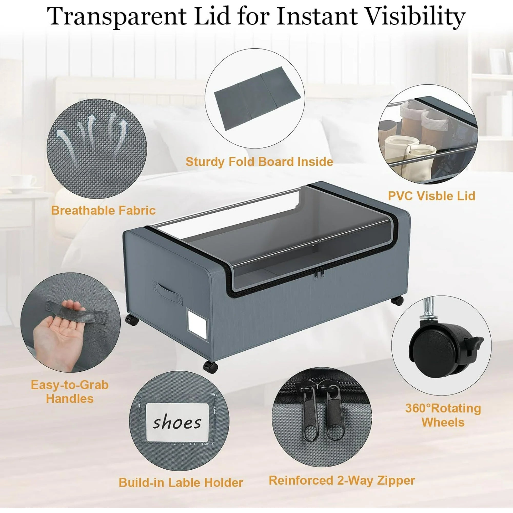 Under Bed Storage Bins with Wheels and Clear Lid 2 Pack Grey a7