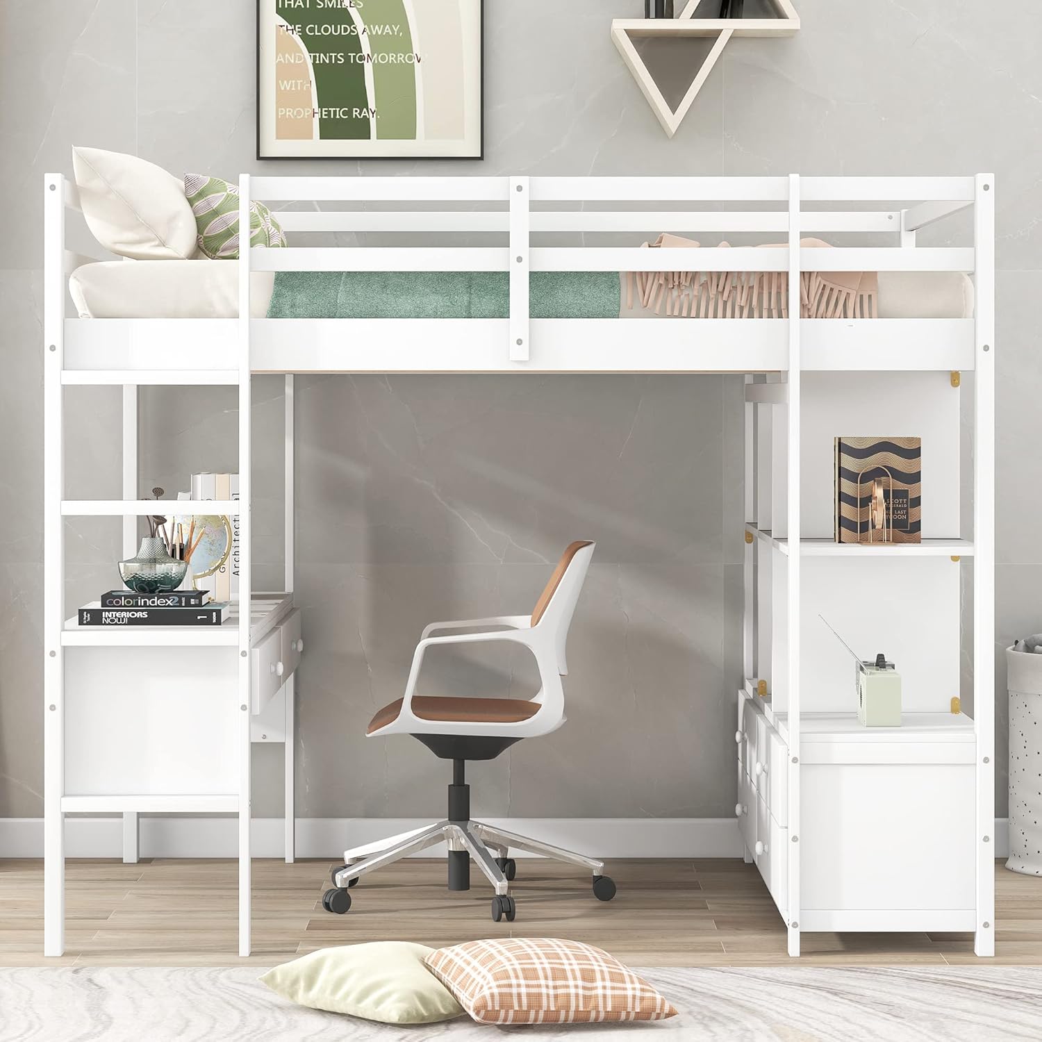 Full Size Loft Bed with Built-in Desk and Storage Shelves White k7