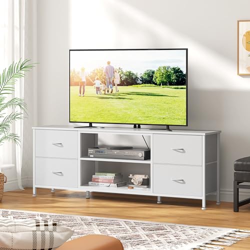 TV Stand with 4 Fabric Drawers for 50 Inch TV, Power Outlet, Black Wood Veins k7
