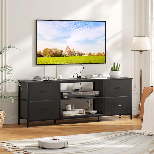TV Stand with 4 Fabric Drawers for 50 Inch TV, Power Outlet, Black Wood Veins k7