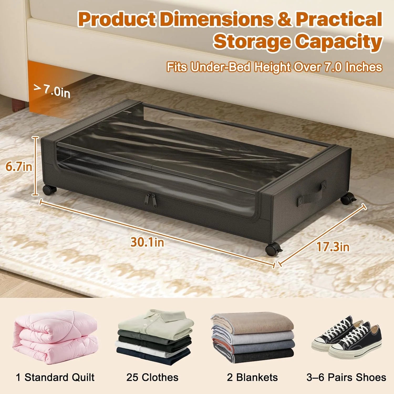 Under Bed Storage Bins with Wheels and Clear Lids, 4 Pack, 60L White a7