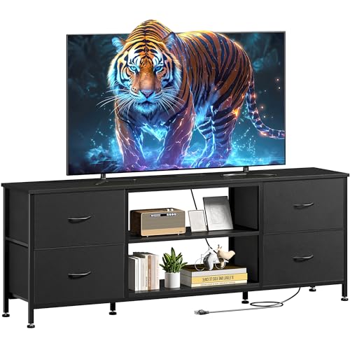 TV Stand with 4 Fabric Drawers for 50 Inch TV, Power Outlet, Black Wood Veins k7
