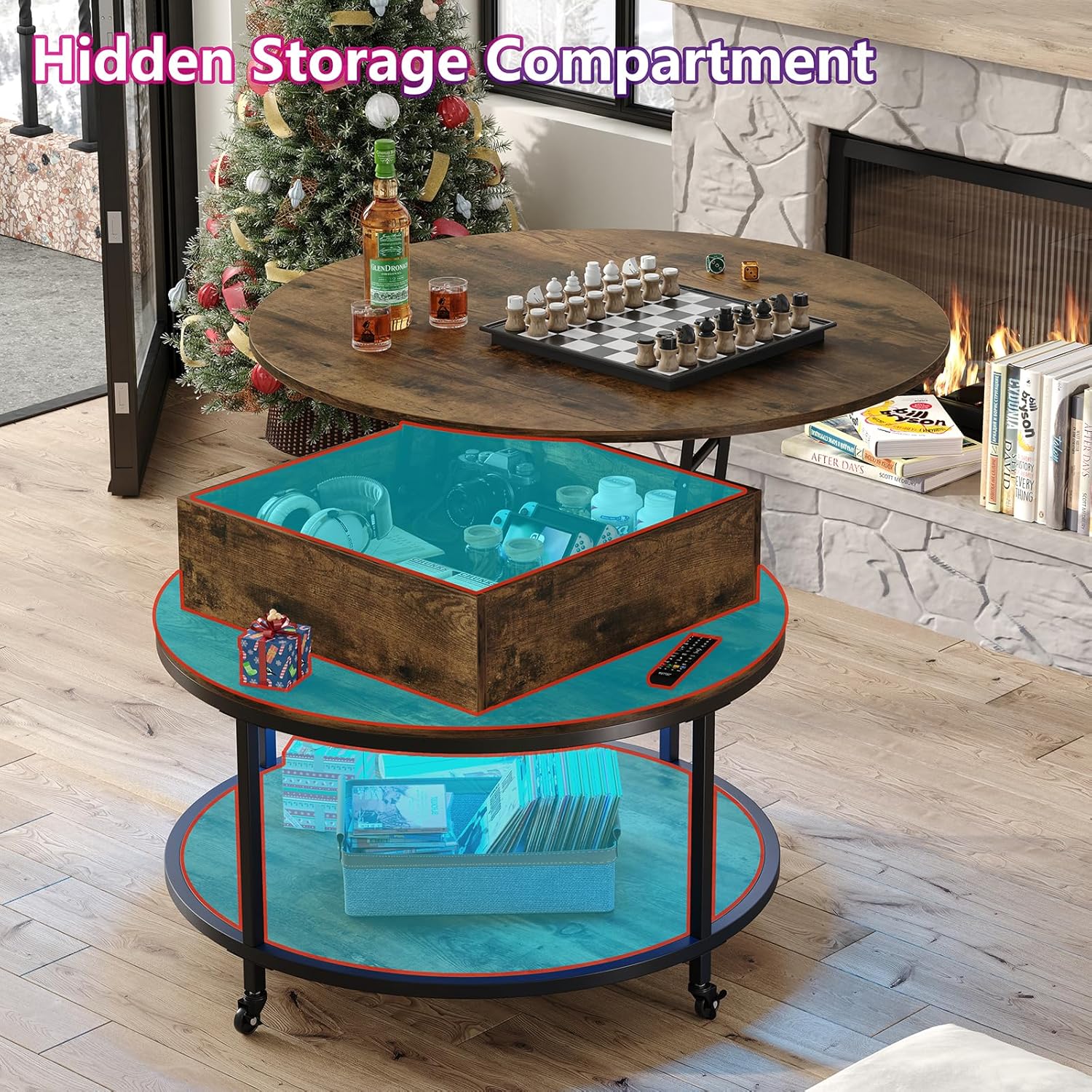 Rustic Brown Round Lift Top Coffee Table with Storage and Wheels a7