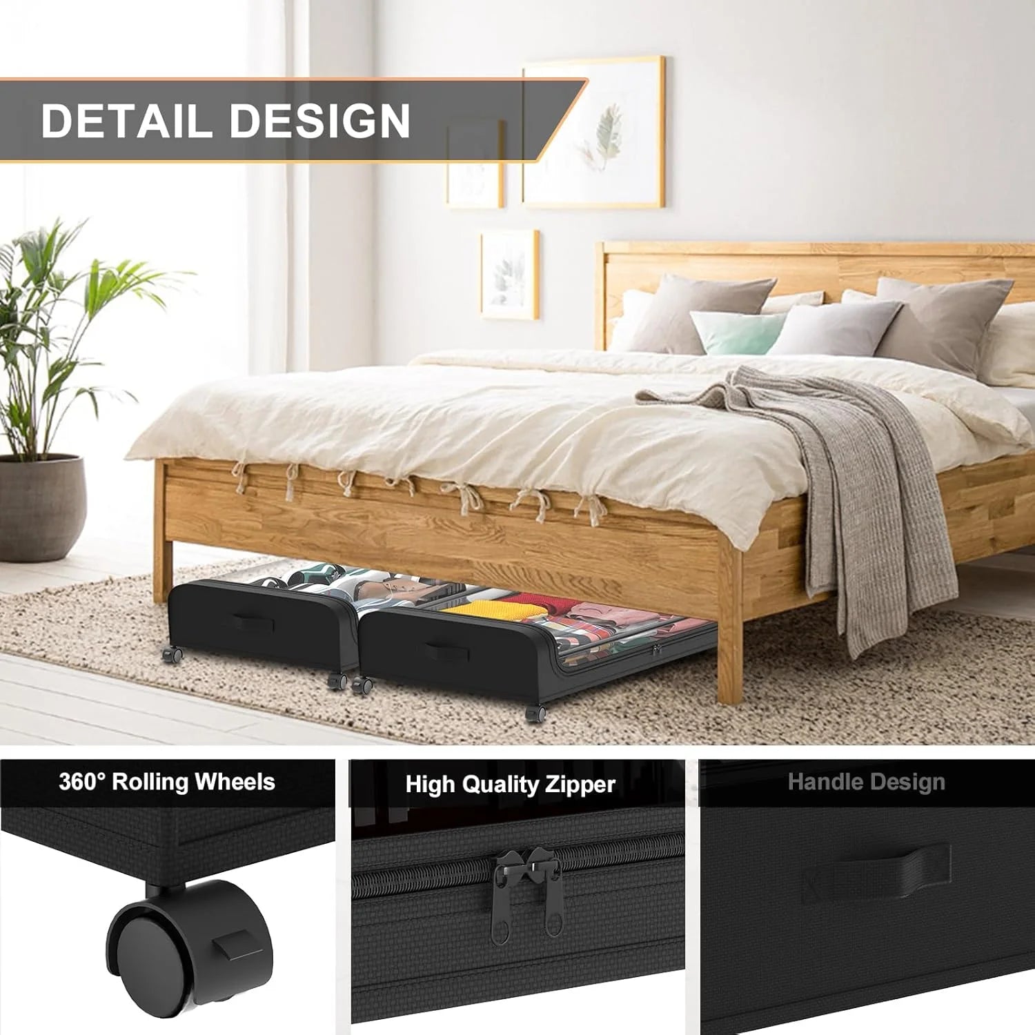 Under Bed Storage with Wheels 2 Pack, Large Rolling Containers with Lid, Black a7