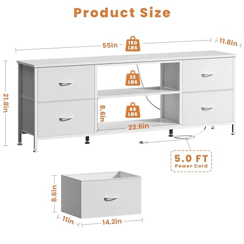 TV Stand with 4 Fabric Drawers for 50 Inch TV, Power Outlet, Black Wood Veins k7