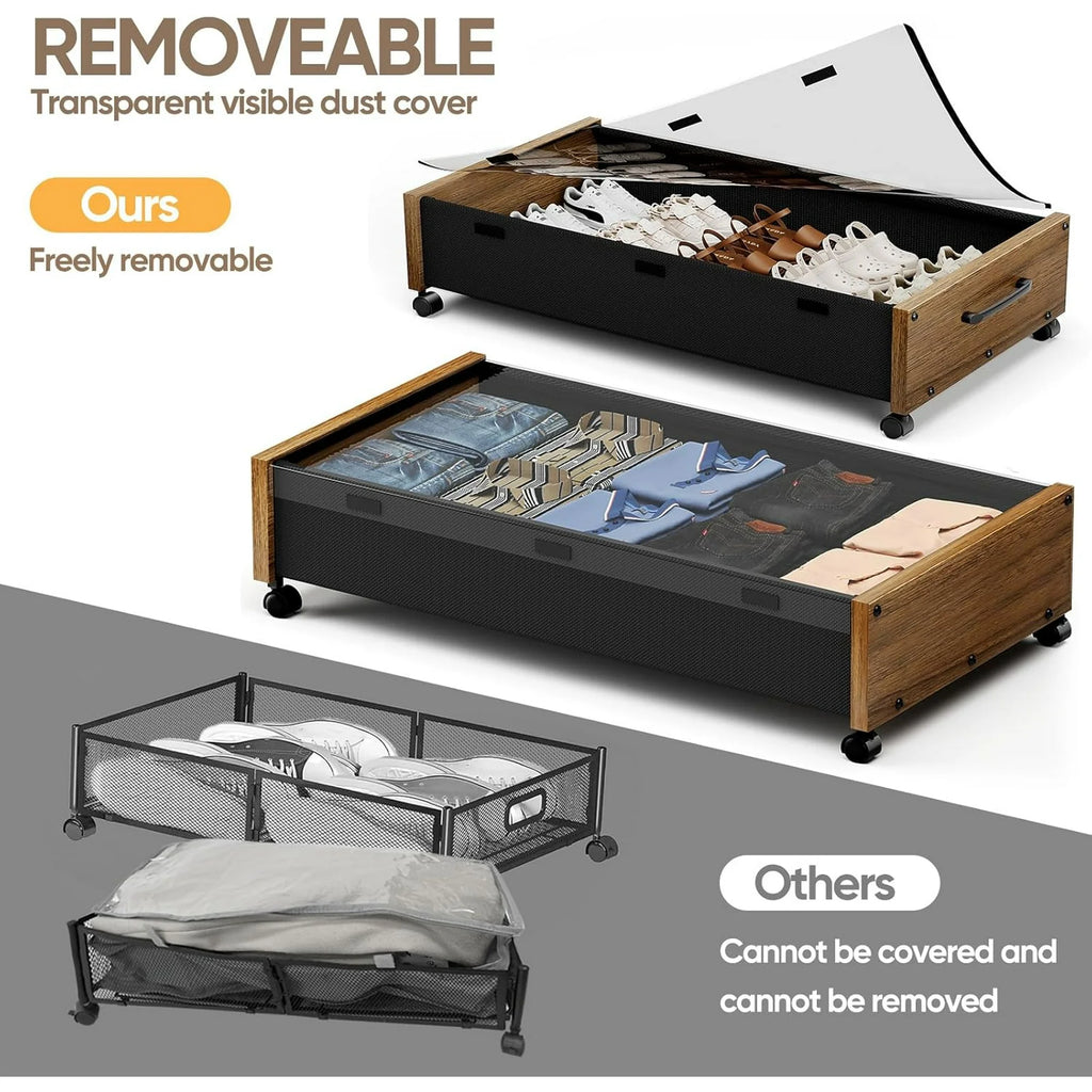 Wooden Under Bed Storage with Wheels, 80L Rolling Bins 2 Pack with Lid a7