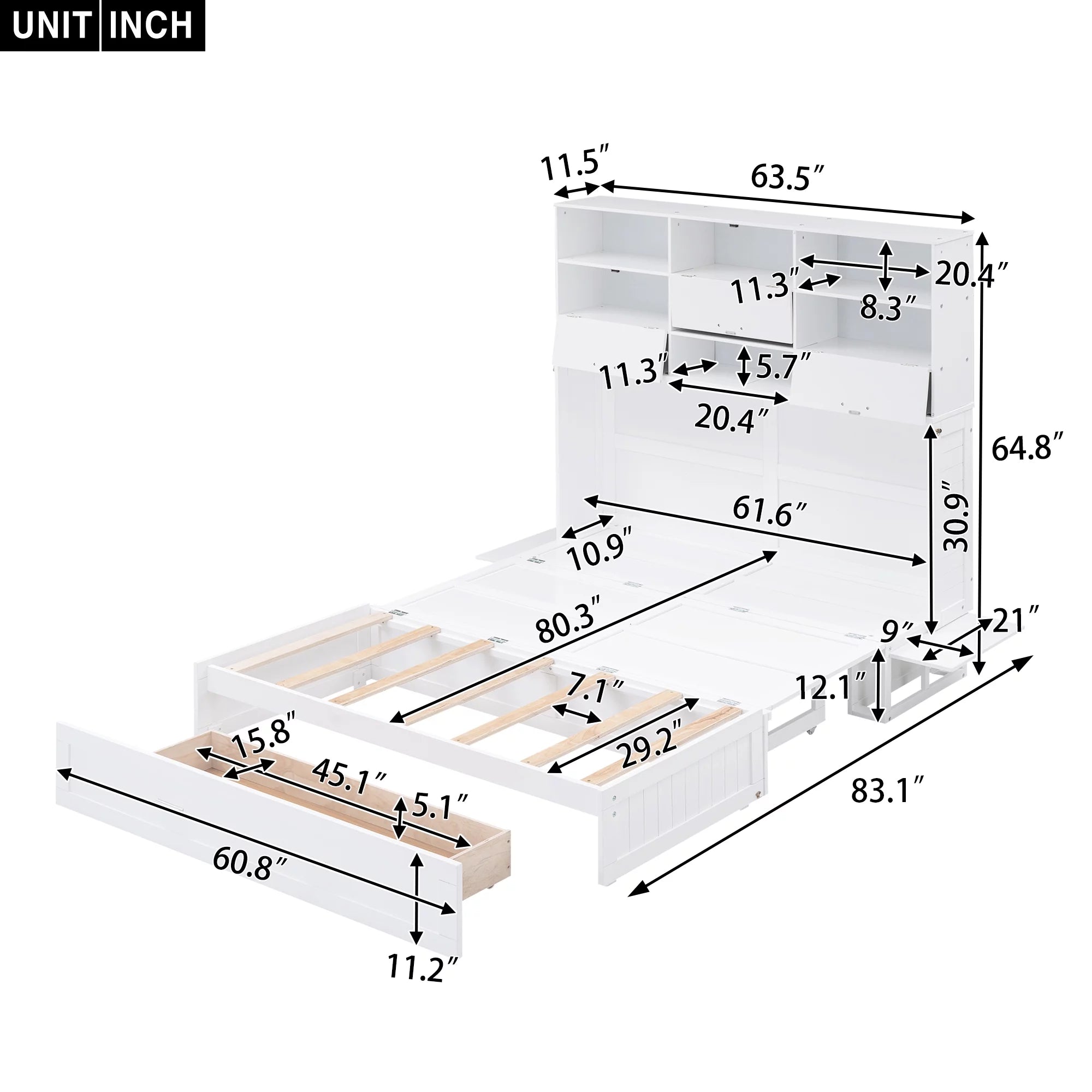 Queen Murphy Bed with Bookcase and Drawer White k7m