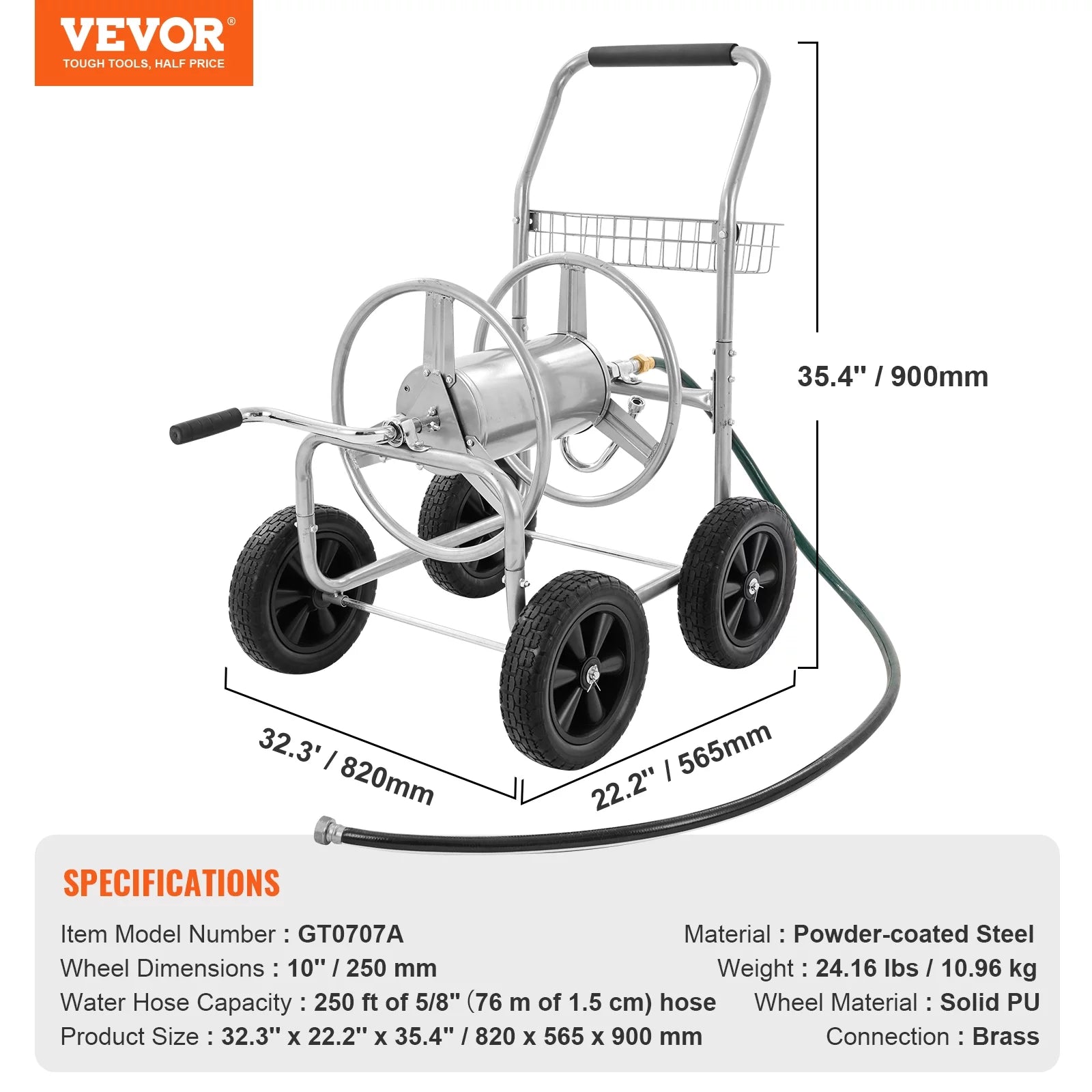 Metal Hose Reel Cart with Wheels, 250ft Capacity a7