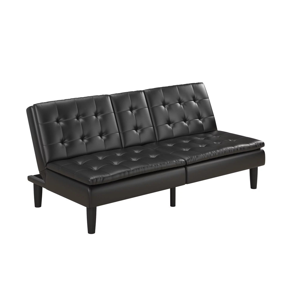Memory Foam Futon with Cupholder and USB Black Faux Leather k7