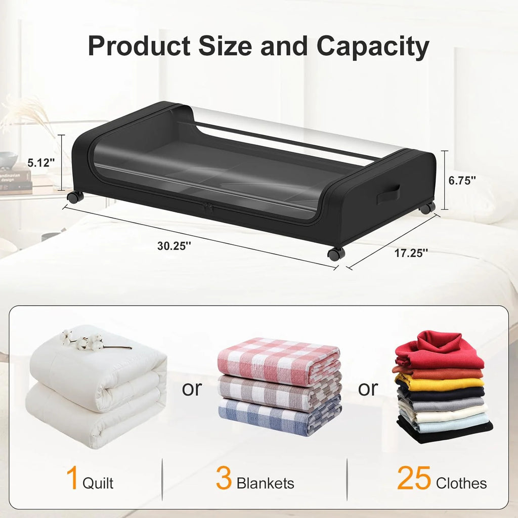 Under Bed Storage with Wheels 2 Pack, Large Rolling Containers with Lid, Black a7