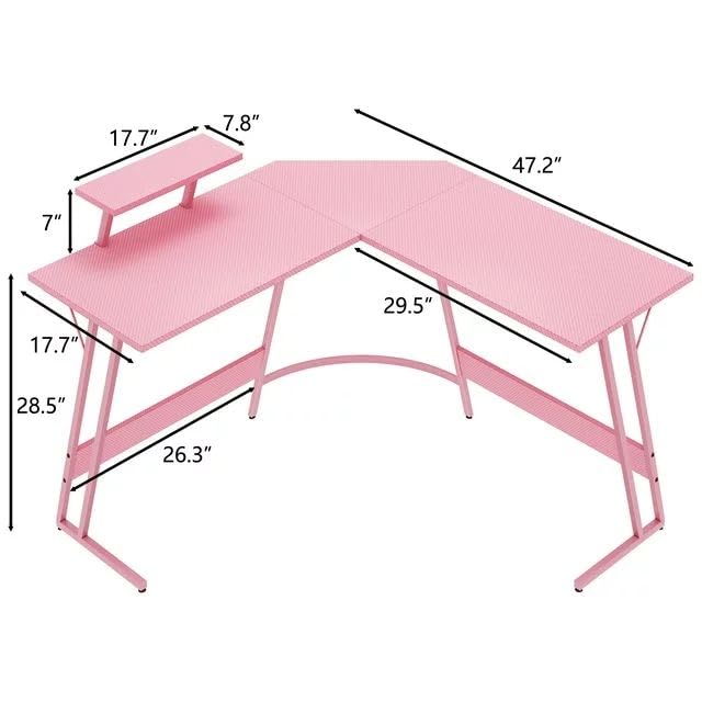 Pink L-Shaped Corner Gaming Desk with Monitor Stand 7k