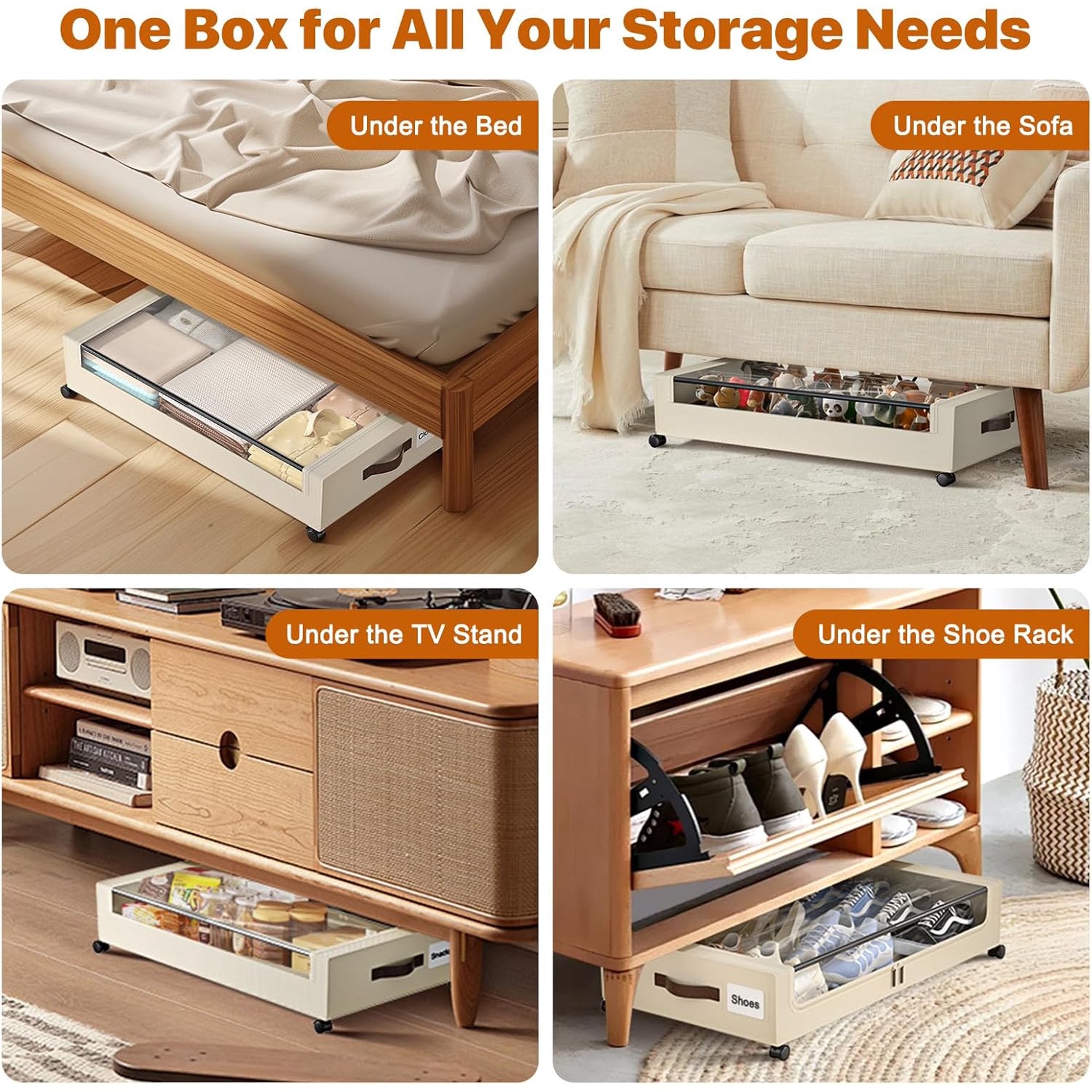 Under Bed Storage Bins with Wheels and Clear Lids, 4 Pack, 60L White a7