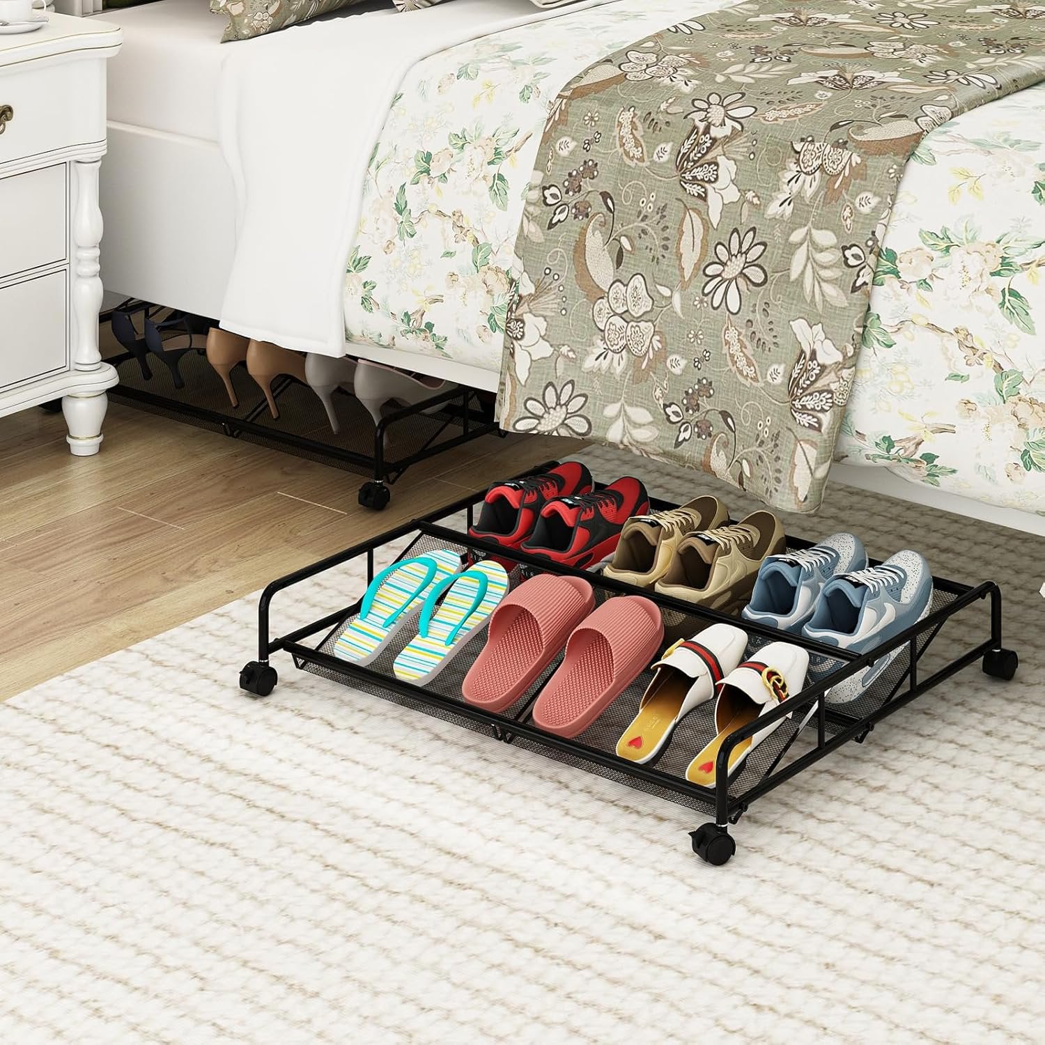 Under Bed Shoe Storage Organizer 2 Pack Metal Mesh with Wheels a7