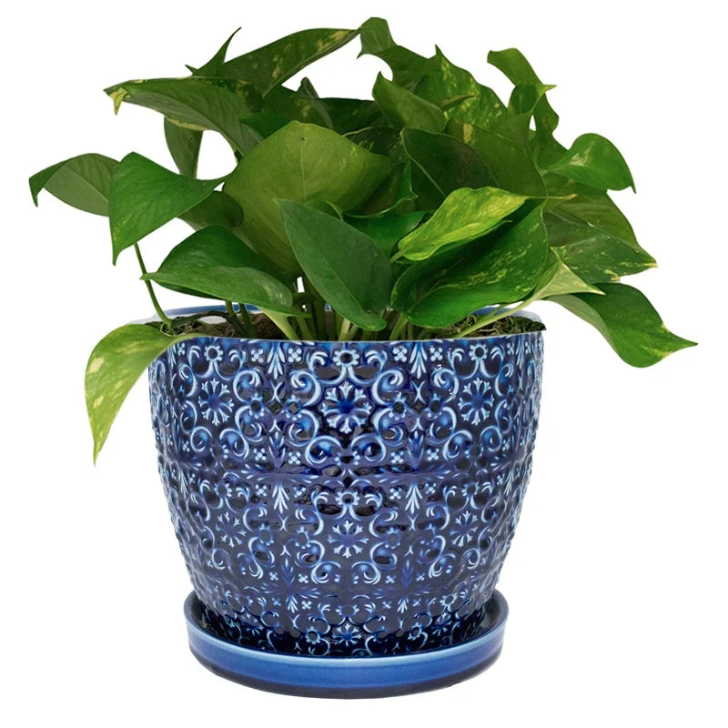 Ceramic Planter 10 Inch Round Blue a7