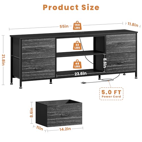 TV Stand with 4 Fabric Drawers for 50 Inch TV, Power Outlet, Black Wood Veins k7