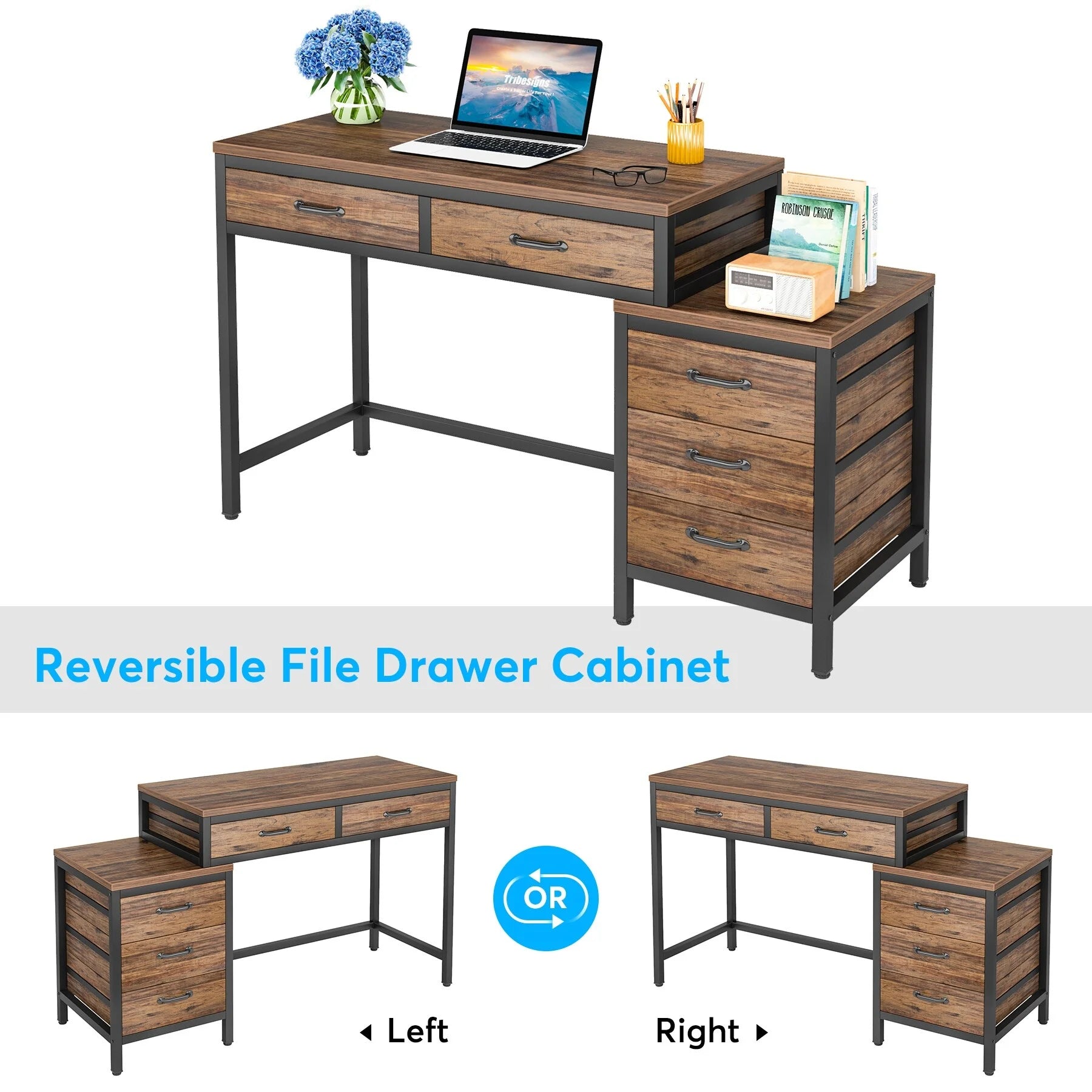 Reversible Computer Desk with 5 Drawers and File Cabinet, Rustic Brown k7