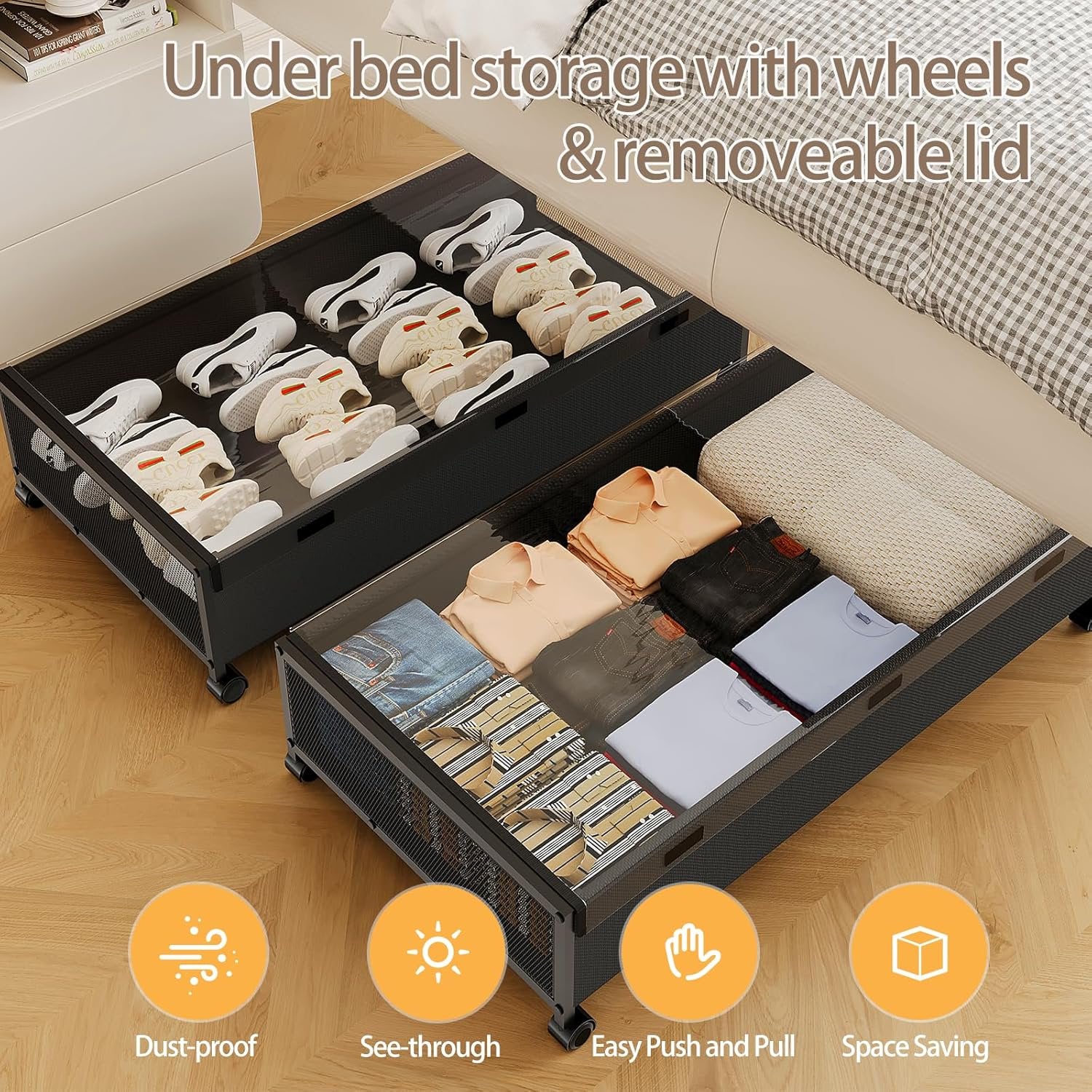 Under Bed Storage with Wheels 2 Pack Rolling Drawer for Clothes a7