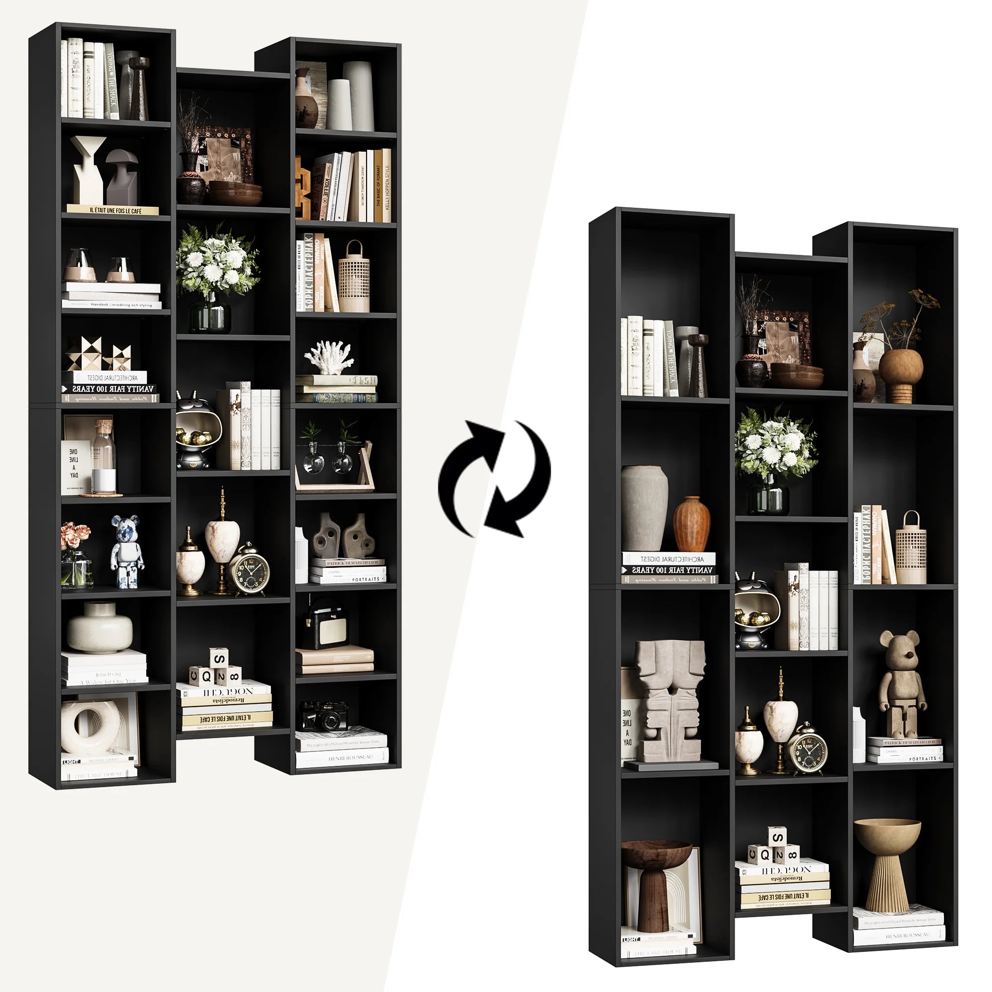 Bookcase with Adjustable Shelves, Triple Width Storage Rack, Black k7m