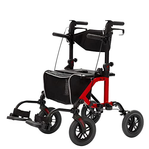 ELENKER All-Terrain 2 in 1 Rollator Walker & Transport Chair, Folding Wheelchair with 10” Non-Pneumatic Wheels for Seniors, Reversible Backrest & Detachable Footrests, Blue