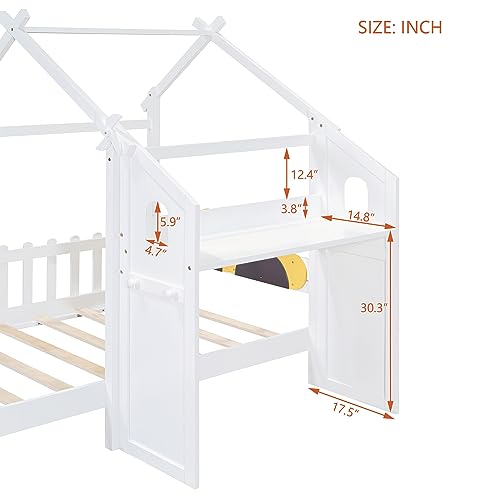 House-Shaped Twin Platform Bed with Windmill Decor Solid Wood Kids Bed with Desk a7