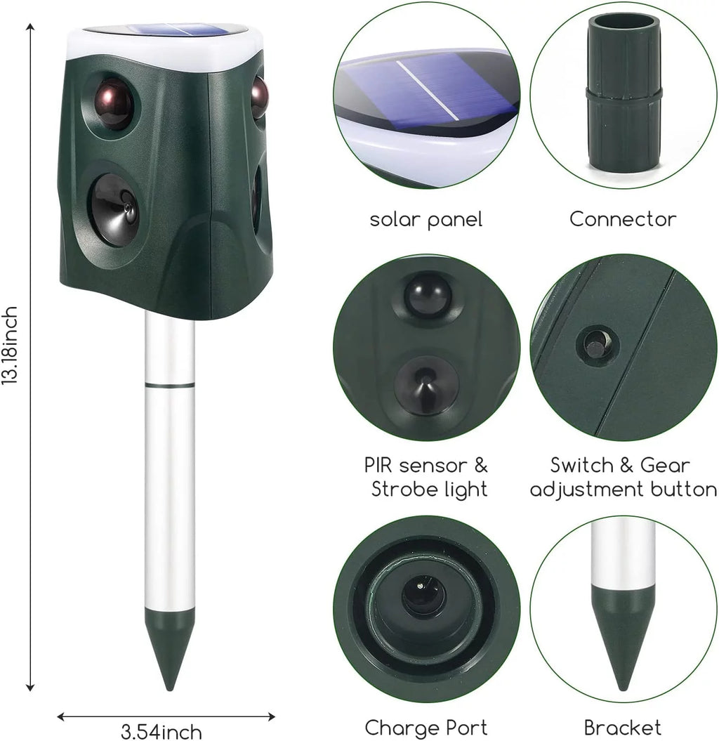 Solar Animal Repeller Ultrasonic Outdoor Waterproof PIR Sensor Strobe Light Alarm Sound k7