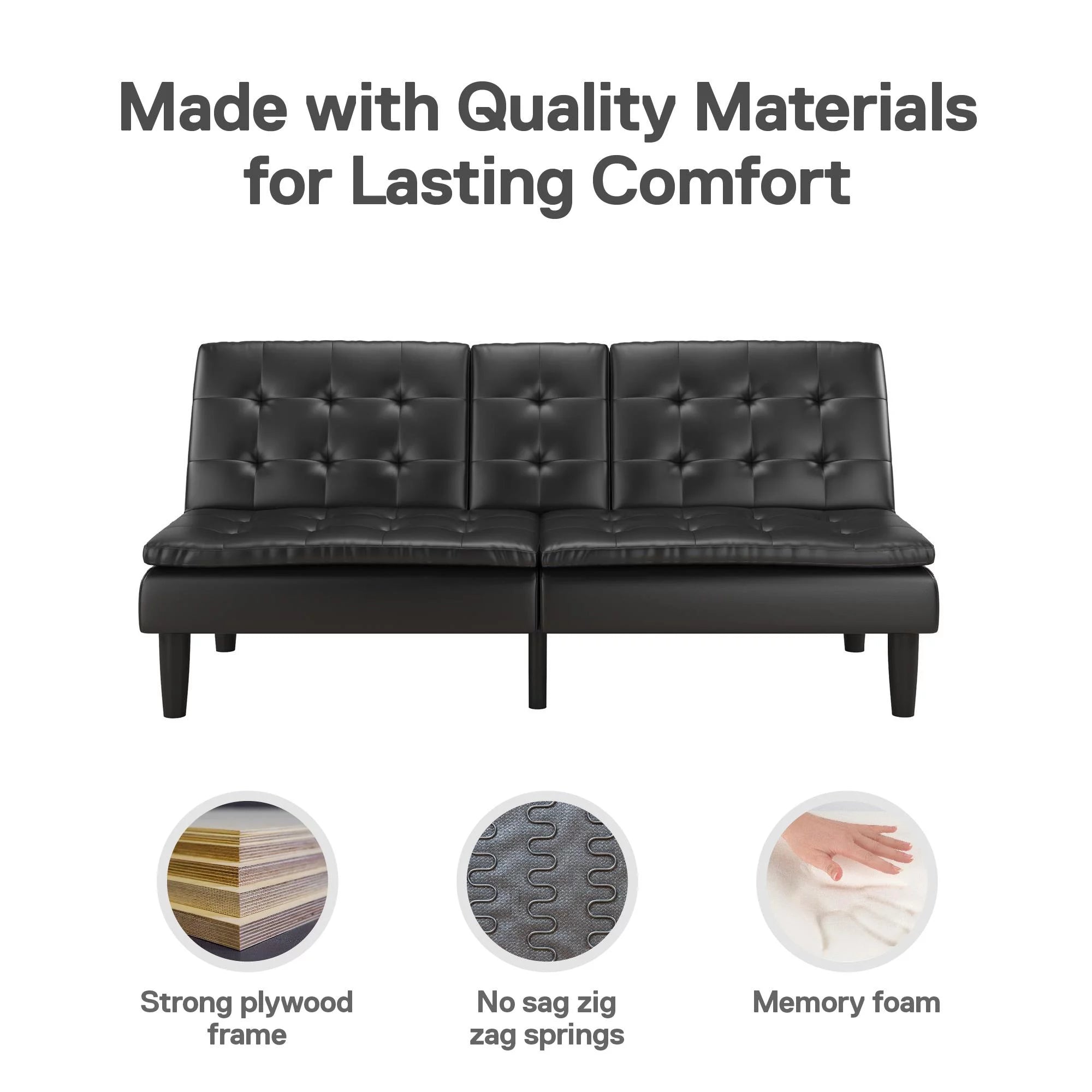 Memory Foam Futon with Cupholder and USB Black Faux Leather k7