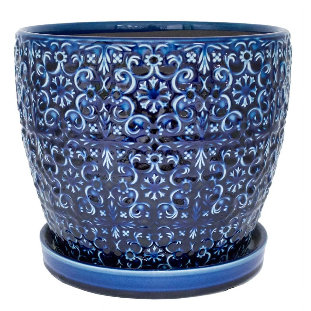 Trendspot Mediterranean 10" Round Blue Ceramic Planter