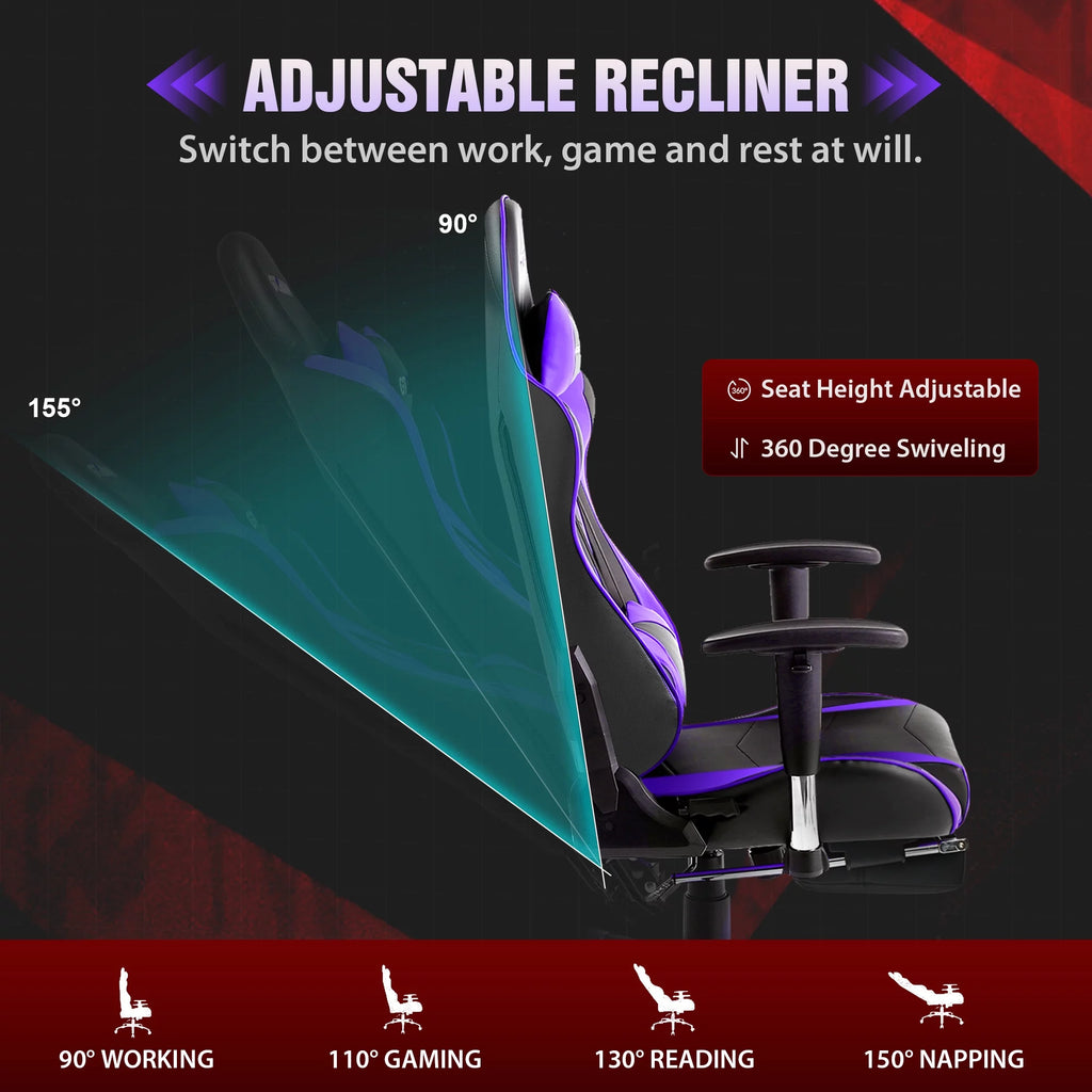 Gaming Chair with Footrest PU Leather Adjustable Headrest Purple k7x